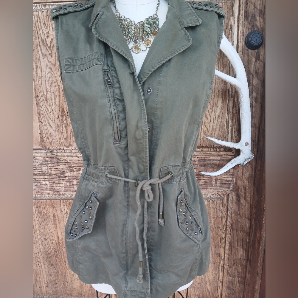 Forever 21 Studded Olive Green Drawstring Utility Vest Rock N Roll Small